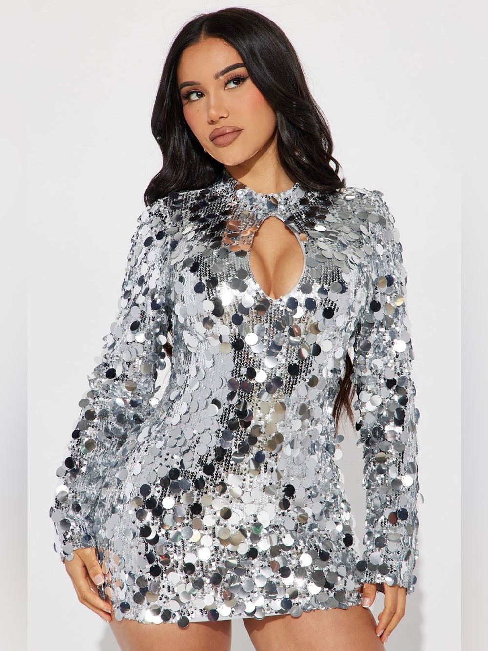 NWT Fashion Nova Silver Sequin Long Sleeve Mini dress Plus Size